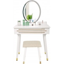 FULLWATT Vanity Set with Touch Screen Mirror 3 Color Lighting Modes Dressing Table with Vanity Bench Stool Makeup Organizer Oval Mirror