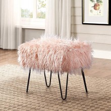 Home Soft things Pink Mongolian Faux Fur Ottoman Rose 19'' x 13'' x 17'' Cozy Plush Fluffy Ottoman Foot Rest Stool for Living Room Bedroom Entryway Makeup Bench End of Bed Home Décor