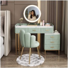 LXYYY Best Design Vanity Benches Table Set with Lighted LED Touch Screen Dimming Round Mirror Makeup Dressing Table with 5 Sliding Drawers 1 Cushioned Stool for Bedroom Great Gift for Girls Women