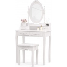 Mecor Vanity Table Set Wood Makeup Table with Oval Mirror,Dressing Table w Cushioned Stool & 4 Drawers Girls Women Bedroom Makeup Desk Furniture Set-White