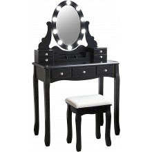 MUPATER Vanity Makeup Desk Set with Mirror Light and Bench Stool Dressing Table for Girls and Women with 7 Drawers and 10 LED Bulbs Black