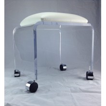 One Stop Plastic Shop Clear Acrylic Vanity Bench with White Vinyl Cushion and Chrome Casters