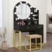 PAKASEPT Vanity Set with Round LED Lighted Mirror Makeup Vanity Dressing Table with Cushioned Stool Storage Shelves Drawers Vanity Table for Bedroom Black
