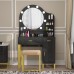 PAKASEPT Vanity Set with Round LED Lighted Mirror Makeup Vanity Dressing Table with Cushioned Stool Storage Shelves Drawers Vanity Table for Bedroom Black