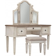Signature Design by Ashley Realyn Traditional Cottage 3 Drawer Vanity Set with Dovetail Construction Mirror & Stool Included Chipped White Distressed Brown