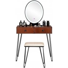 SSLine Elegant Vanity Set with Lighted Oval Mirror and Cushioned Stool Modern Brown Finish Vanity Desk Top Makeup Dressing Table w Storage Drawers and Vanity Bench-Women Girls GiftBrown&Black