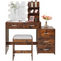 USIKEY Large Vanity Set with 10 LED Lights Makeup Table Vanity Table with Movable 3-Drawer Chest Makeup Vanity Dressing Table with Cushioned Stool & 2 Large Drawers for Christmas Day Rustic Brown