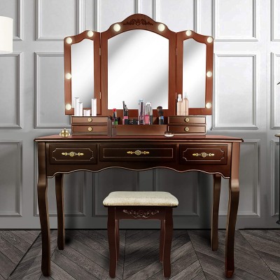Vanity Beauty Station,Tri-Folding Mirrors,6 Organization 7 Drawers Makeup Dress Table with Cushioned Stool-Espresso