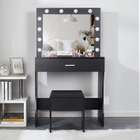 Vanity Table Set with Lighted Mirror Makeup Vanity Desk for Girls Women Larger Drawer and Cushioned Stool with Extra Storage Space Black