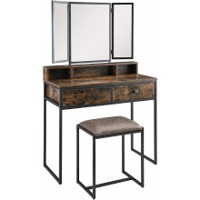 Vanity Table with Upholstered Stool Set Dressing Table Desk with 2 Drawer Makeup Table with Tri-Fold Mirror 3 Compartments Industrial Style for Bedroom Rustic Brown and Black YSG21304RC