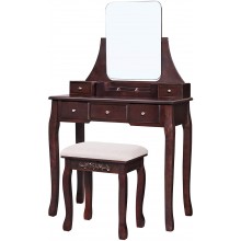 VASAGLE Makeup Vanity Set with Large Frameless Mirror Makeup Dressing Table Set for Bedroom Bathroom 5 Drawers and 1 Removable Storage Box Cushioned Stool Brown URDT25BR
