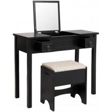 VASAGLE Vanity Set with Flip Top Mirror Makeup Dressing Table Writing Desk with 2 Drawers Cushioned Stool 3 Removable Organizers Easy Assembly Black