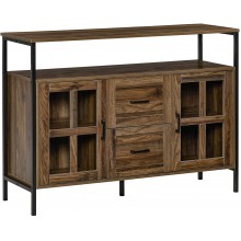 HOMCOM Rustic Kitchen Sideboard Serving Buffet Storage Cabinet with Adjustable Shelves Glass Doors and 2 Drawers for Living Room Dark Walnut