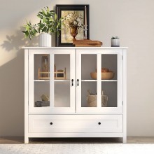 Modern Storage Cabinet Decorative Console Table with Metal Handles Glass Doors Compartments and Drawer Buffet Sideboard for Kitchen Dining Room Hallway Entryway 41.43" L X 15.55" W X 35.43" H