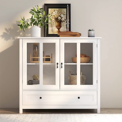 Modern Storage Cabinet Decorative Console Table with Metal Handles Glass Doors Compartments and Drawer Buffet Sideboard for Kitchen Dining Room Hallway Entryway 41.43 L X 15.55 W X 35.43 H