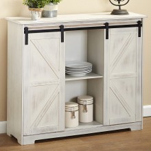 The Lakeside Collection Distressed Sideboard Buffet Cabinet with Sliding Rail Barn Doors White