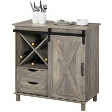 VINGLI Farmhouse Barn Door Wine Cabinet Home Bar Furniture w Removable X-Shaped Wine Rack Rustic Mini Buffet Sideboard Accent Storage Cabinet with 2 Drawers Wash Grey
