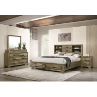 Roundhill Furniture Loiret Wood Storage Platform King Bedroom Set with Dresser Mirror Nightstand Light Gray