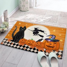 Cozy Plush Doormats 24x35in Absorbent Cushioned Kitchen Mat Area Runner Rugs for Bathroom&Stand-up Desks, Happy Halloween Pumpkins Black Cat Witches Full Moon on Black Plaid Entryway Carpet