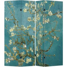 4 Panel Original Teal Color Wood Folding Screen Decorative Canvas Privacy Partition Room Divider Vincent Van Gogh's Almond Blossoms