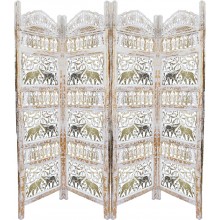 Benjara Classic 4 Panel Mango Wood Room Divider with Elephant Carvings Gold and White