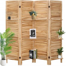 ECOMEX Room Divider with Shelves,Room Divider 4 Panel,Partition Room Dividers and Folding Privacy Screens,Louver-Design Room Divider with Removable Storage ShelvesNatural Color