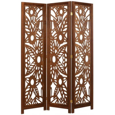 Legacy Decor Solid Wood with Decorative Floral Cutouts 3 Panel Room Divider 67 Tall Walnut Brown Color