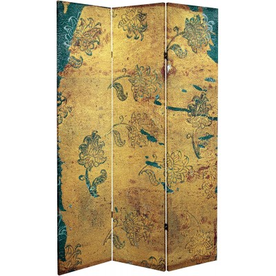 ORIENTAL Furniture 6 ft. Tall Falling Blossoms Canvas Room Divider Gold Teal