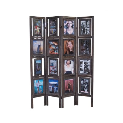 Proman Products Oscar II Scenic 4 Panel Folding Screen Room Divider FS36773 with 16 Picture Frames Display 32 Pictures Paulownia Wood Smoked Brown Finish 54 W x 1 D x 67 H Max Extends