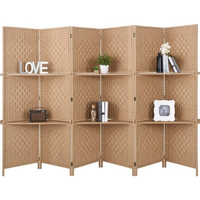 RHF 6 ft.Tall-Extra Wide Diamond Weave Fiber 6 Panels Room Divider,6 Panel Folding Screen Privacy Partition Wall Room Dividers with 2 Display Shelves,Natural-6 Panel 2 Shelves