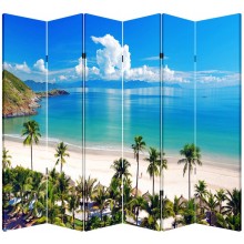 TOA 4 6 or 8 Panel Office Wood Folding Screen Decorative Canvas Privacy Partition Room Divider Beach Huts（6 Panels）