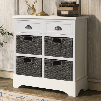 P PURLOVE Storage Chest Retro Style Storage Cabinet Storage Unit with 2 Wood Drawers and 4 Wicker Baskets for Home Kitchen Entryway Living Room Antique White