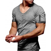 Men Shirts Casual Short Sleeve Slim Fit Zipper Muscle Blouse Fitness Sports Pullover Tops Workout V-Neck T Shirt