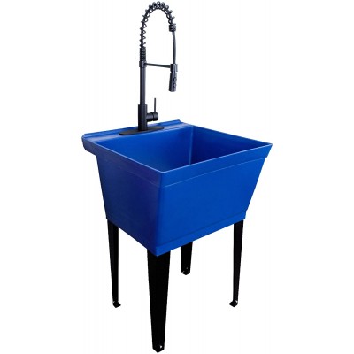 Utility Sink Extra-Deep Laundry Tub in Blue with High-Arc Black Coil Pull-Down Sprayer Faucet Integrated Supply Lines P-Trap Kit Heavy Duty Floor Mounted Freestanding Wash Station