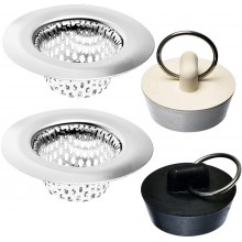 4 Pack Bathroom Sink Strainers and Stopper Plug Combo 2.125" Top 1" Basket Stainless Steel Strainers and Rubber Plug Stopper for Standard Bathroom Sink Utility Slop Lavatory and RV Sink