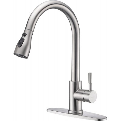Keonjinn Kitchen Faucet with Pull Down Sprayer Brushed Nickel Single Handle High Arc Kitchen Sink Faucets Stainless Steel Kitchen Faucet with Deck Plate Modern rv Pull Out Kitchen Faucets