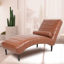 60" Modern Luxury Faux Leather Chaise Lounge Chair Indoor Curved Leisure Chaise with Bolster Pillow Single Sofa Couch Chairs for Bedroom Living Room Office Home