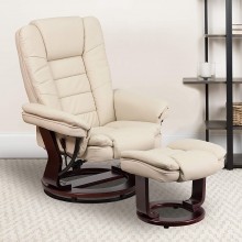 Flash Furniture Contemporary Multi-Position Recliner with Horizontal Stitching and Ottoman with Swivel Mahogany Wood Base in Beige LeatherSoft