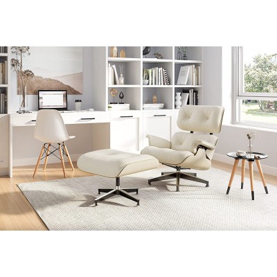 Mid Century Chaise Lounge Chair with Ottoman Nappa Leather White Fraxinus Wood Modern Accent Chair Classic Design Heavy Duty Base Support for Bedroom Indoor Set