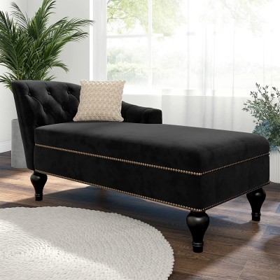 Modern Tufted Velvet Chaise Lounge Sofa Chair with Wood Legs Left Armrest Indoor Ultra Comfortable Spa Sofa Couch Chair Long Lounger for Living Room Bedroom Family Room Small Spaces Black