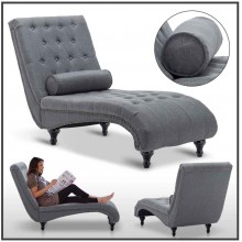 OKAKOPA Indoor Chaise Lounge Chair Tufted Cushion Nailhead Trim Fabric with Pillow for Living Room Bedroom Dark Grey- Fabric