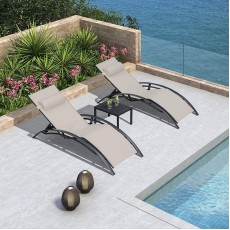 PURPLE LEAF Patio Chaise Lounge Set Outdoor Lounge Chair Beach Pool Sunbathing Lawn Lounger Recliner Chair Outside Tanning Chairs with Arm for All Weather Side Table Included Beige