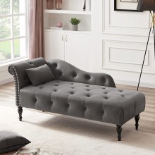 Tufted Upholstered Velvet Rolled Arm Chaise Lounges Indoor Chair Right Arm Facing Chaise Lounge with Nailhead Trim for Living Room Bedroom OfficeGrey