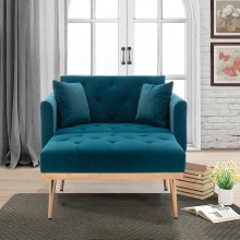 Velvet Chaise Lounge Chair Indoor 2-in 1 Lounge Chair with Adjustable Backrest Modern Single Sofa Chair Bed with Solid Golden Metal Legs Teal