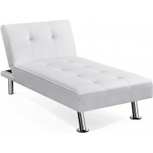 Yaheetech Faux Leather Chaise Lounge Indoor Convertible Chaise Futon Tufted Chaise Daybed with Chrome Metal Legs Converts to Recliner Bed White