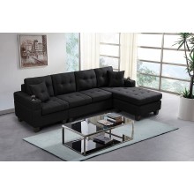 GAOPAN L-Shaped 4 Seater Sectional Sofa Couch with 2 Cup Holders and Reversible Left or Right Chaise Lounge for Home Apartment Living Room Furniture Sets Grey Black