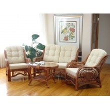 Malibu Lounge Set of 4: 2 Natural Rattan Wicker Chairs Loveseat with Cream Cushions and Coffee Table w Glass Handmade Colonial