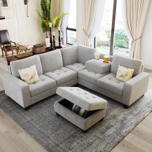 Merax 2 Piece Sectional Corner Sofa Living Room Modern Velvet L-Shaped Couch Space Saving with Storage Ottoman & Cup Holders Silver Grey