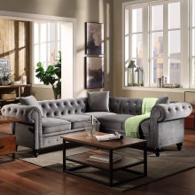 Merax Tufted Velvet Sectional Sofa,Classic Chesterfield Sectional Sofa 5 Seater Sectional Sofa Living Room Furniture Set,3 Pillows Included