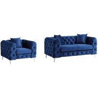 Morden Fort Modern Contemporary 2 Piece of Accent Chair and Loveseat with Deep Button Tufting Dutch Velvet Solid Wood Frame and Iron Legs-Navy Blue…